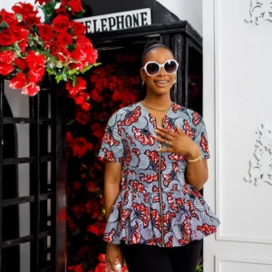 dunni african print front zip peplum top